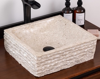 Natural Stone Vessel Bathroom Sink, Rustic Ojinaga Marble, Vanity Sink