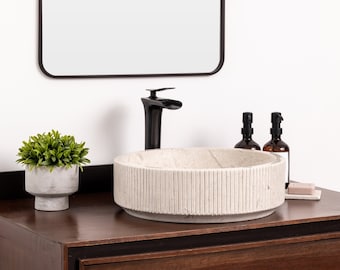 Natural Stone Vessel Bathroom Sink, Burj Ojinaga Marble, Fluted Vanity Basin