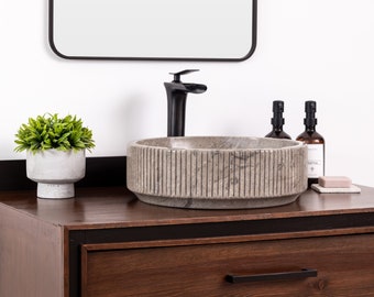 Natural Stone Vessel Bathroom Sink, Burj Goleta Marble, Fluted Vanity Basin