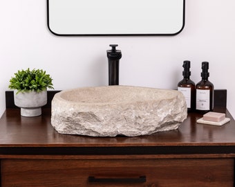 Natural Stone Vessel Bathroom Sink, Chiseled Ojinaga Marble, Vanity Sink