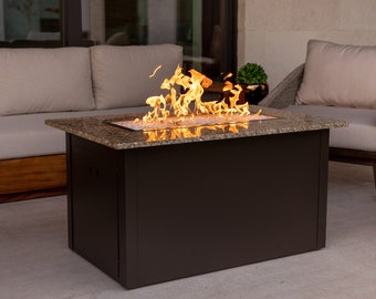 Austin Outdoor Fire Pit Table Granite-top, Propane or Natural Gas, Rectangular Fire Table With Cover, 90,000 BTU