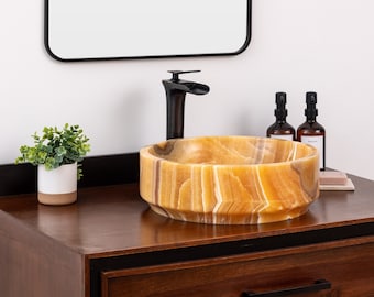 Natural Stone Vessel Bathroom Sink, Burj Honey Onyx, Vanity Basin