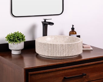 Natural Stone Vessel Bathroom Sink, Coit Ojinaga Marble, Fluted Vanity Basin
