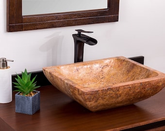 Natural Stone Vessel Bathroom Sink, Rectangular Peach Travertine, Vanity Sink