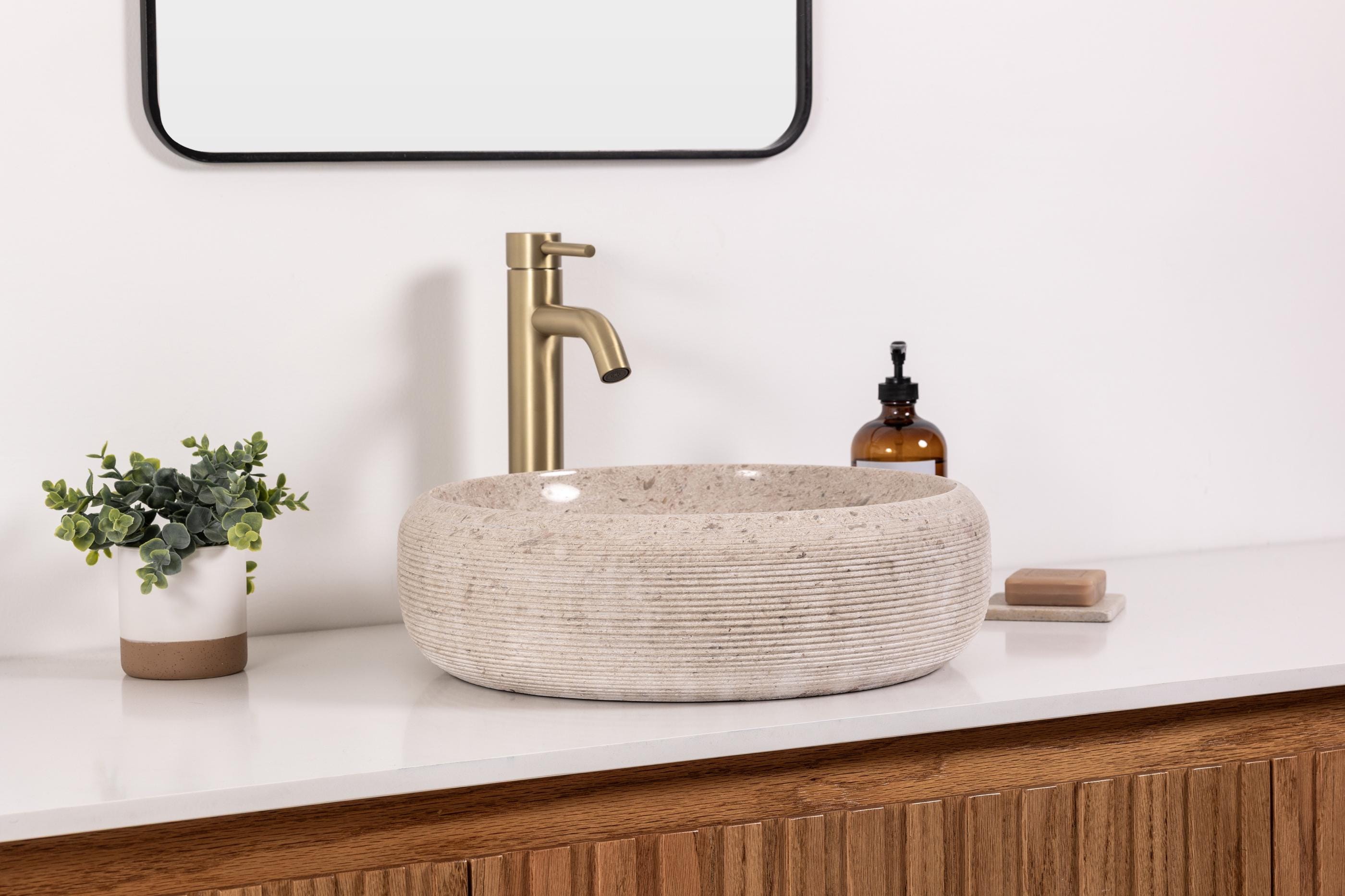 Ensinso Stone Natural Stone Vessel Bathroom Sink, Marble Vanity Basin, Round Stone ...