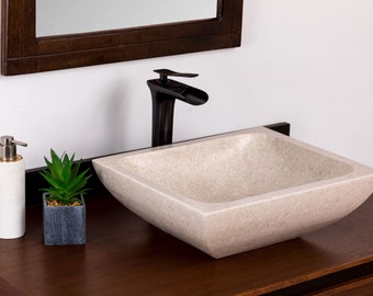 Natural Stone Vessel Bathroom Sink, Rectangular Ojinaga Marble, Vanity Sink