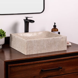 Natural Stone Vessel Bathroom Sink, Rectangular Marble, Fluted Vessel Sink