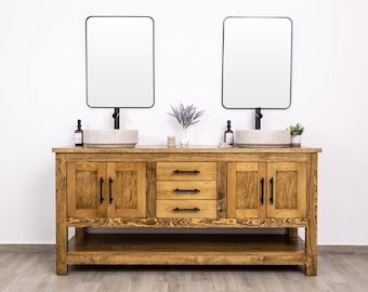 Double Sink Bathroom Vanity, Solid Pine Wood Cabinet, Handmade Rustic Farmhouse Vanity – Colorado
