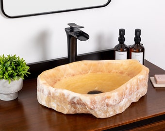 Natural Stone Vessel Bathroom Sink, Chiseled Honey Onyx, Vanity Sink