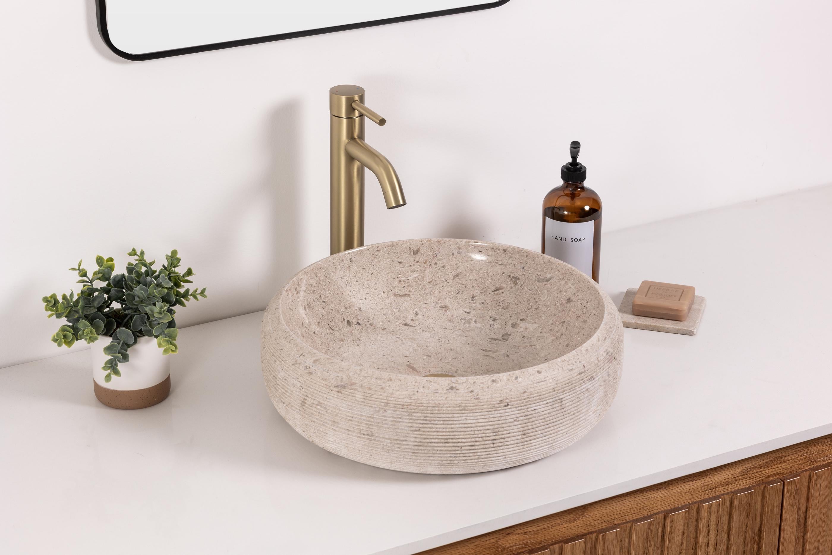 Ensinso Stone Natural Stone Vessel Bathroom Sink, Marble Vanity Basin, Round Stone ...