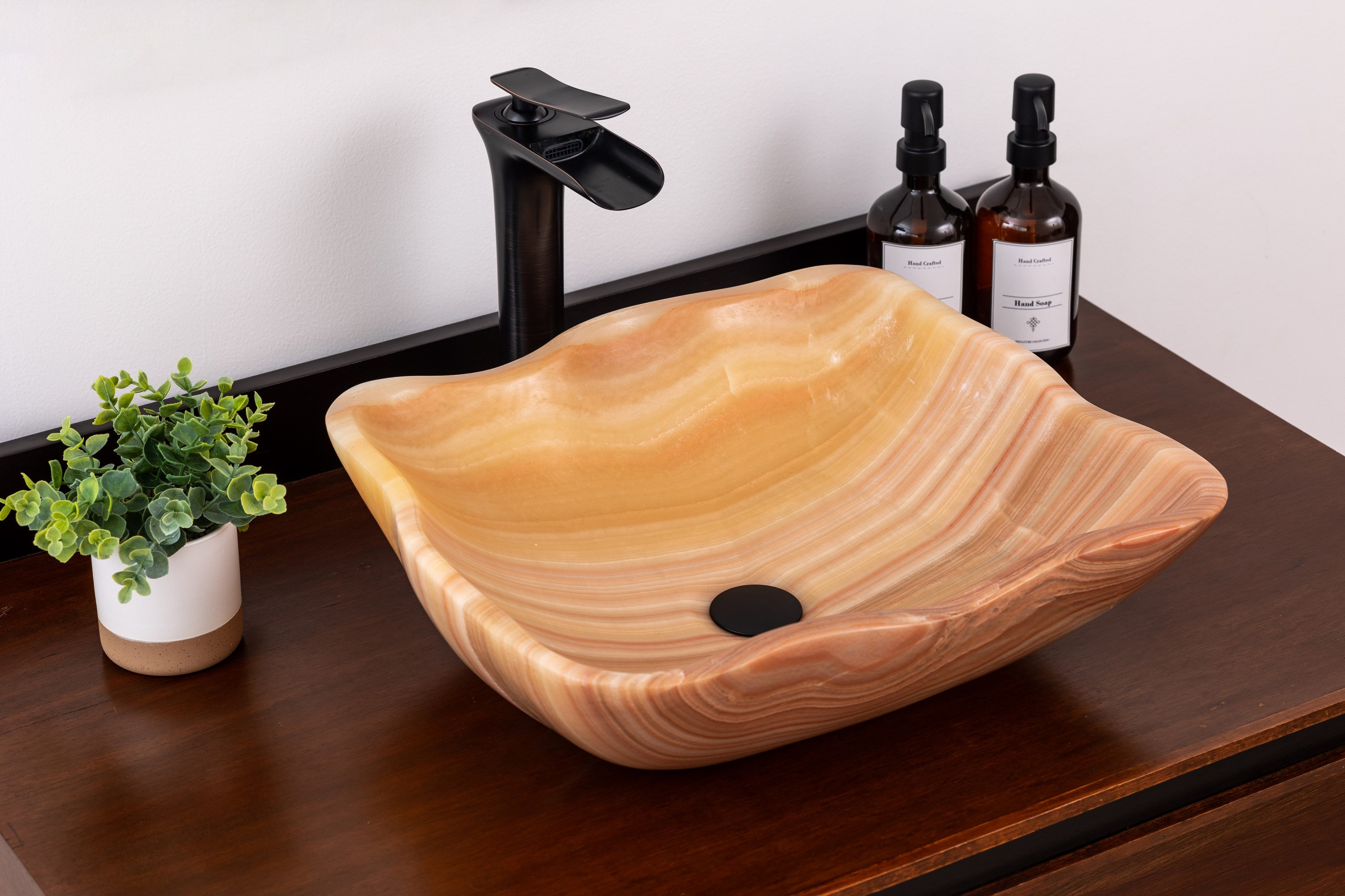 Natural Stone Vessel Bathroom Sink, Petal Honey Onyx, Vanity