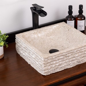 Natural Stone Vessel Bathroom Sink, Rustic Ojinaga Marble, Vanity Sink