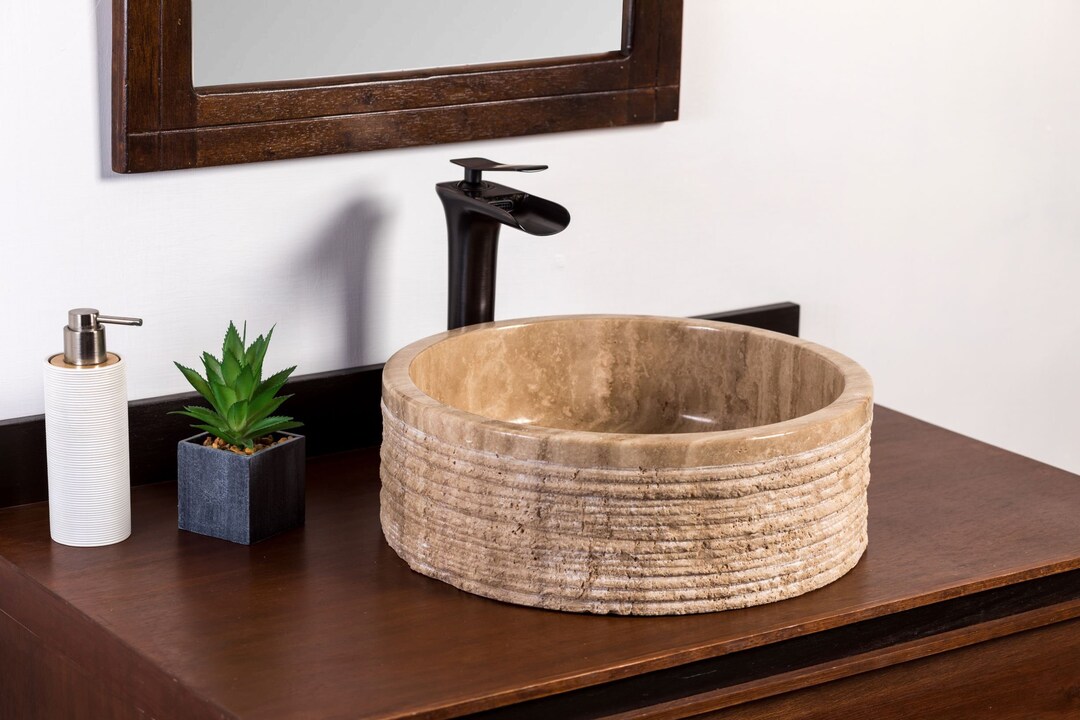 Natural Stone Vessel Bathroom Sink Brushed Blizz Travertine Etsy