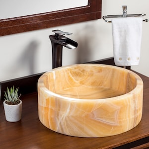 Natural Stone Vessel Bathroom Sink, Blizz Honey Onyx, Vanity Basin