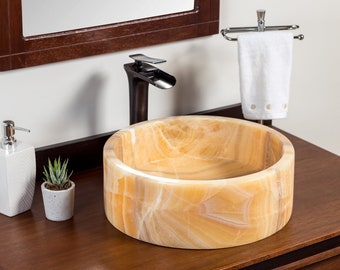 Natural Stone Vessel Bathroom Sink, Blizz Honey Onyx, Vanity Basin