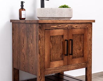 Custom Single Sink Bathroom Vanity With Wood Countertop, in Solid Pine Wood, Farmhouse Style