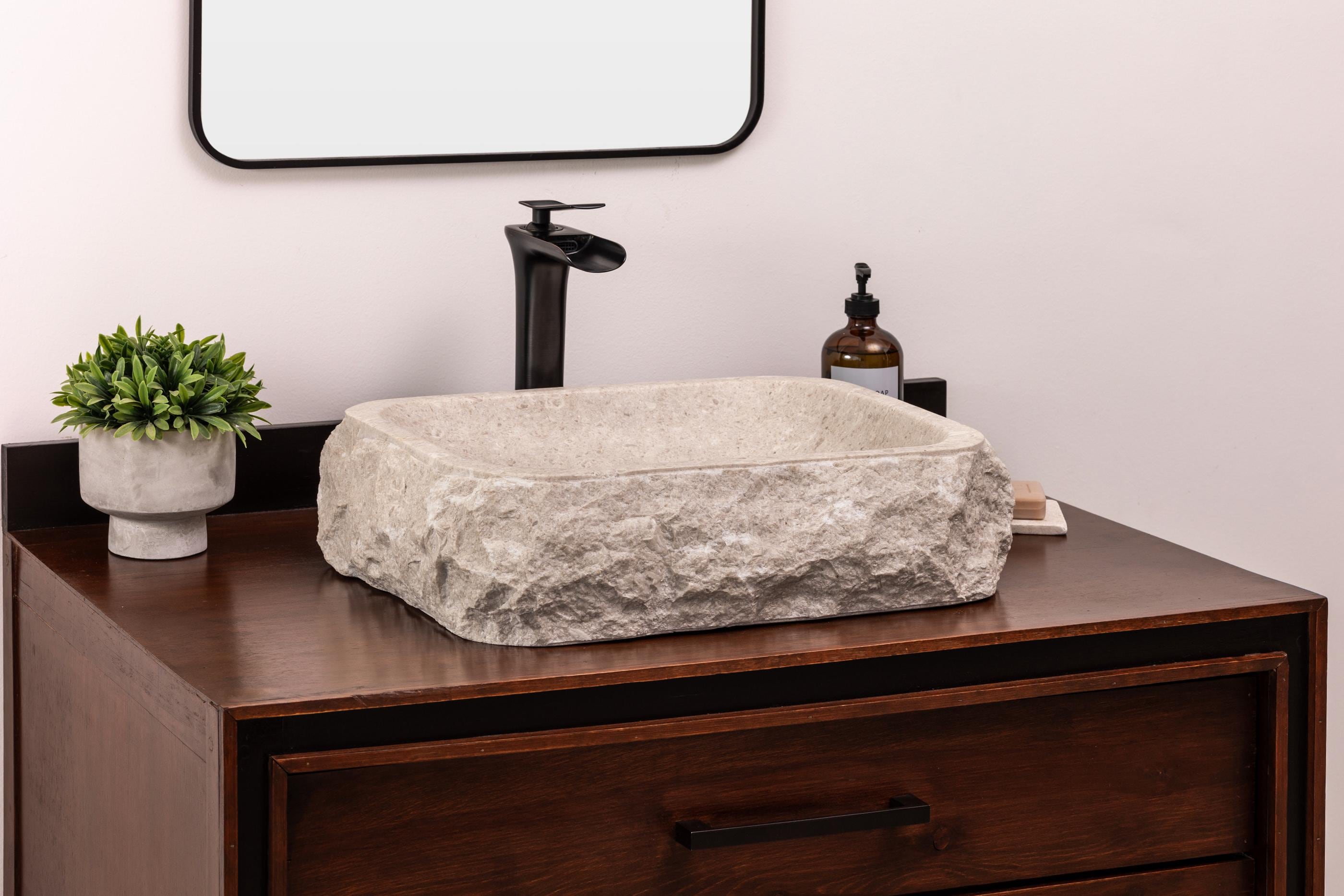 Natural Stone Vessel Bathroom Sink, Rocca Ojinaga Marble Basin, Chiseled Style