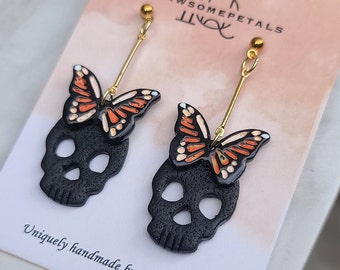 Skull butterfly earrings, Halloween earrings, polymerclay earrings, metamorphosis earrings, Skull earrings, Dangle earrings, Statement studs
