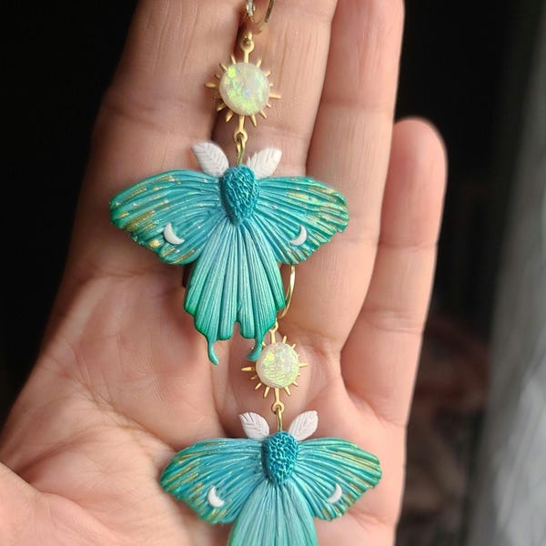 Celestial Moth Earrings, Moon Moth Dangles, Lunar Moth Earrings, Garden Moth, Fairy Moth Dangles