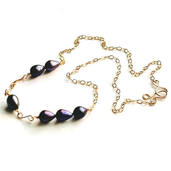 Unique Pearl Necklace, Dark Pearl Necklace, Gold Peacock Necklace, Teardrop Peacock Necklace, Dark Pearl Necklace With Hand Forged Bars