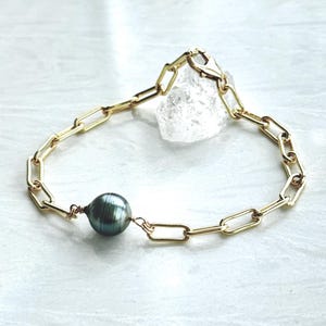 Tahiti Grau Perlen Armband: 14Kt Gold Filled Paperclip Kette