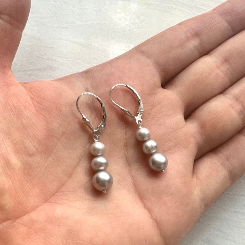 Gray Pearl Earrings Pearl Earrings In Sterling Silver Three Pearl Earring Pearl Dangle Gray