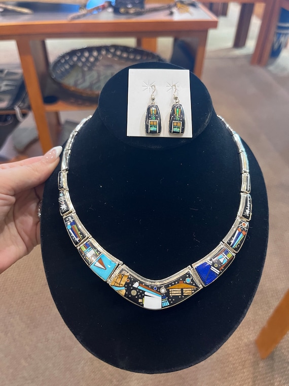 Calvin Begay Native American Navajo Handmade Sterling Silver Multicolored Inlay Necklace Set Etsy