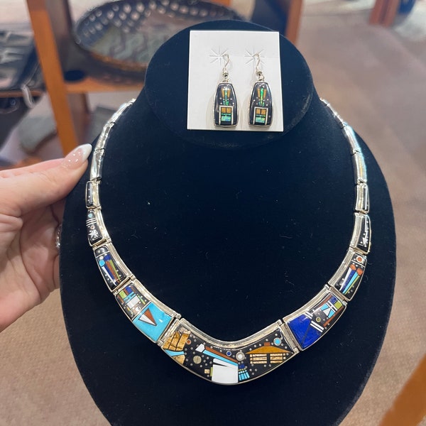 Calvin Begay native American, Navajo, handmade, sterling, silver multicolored, inlay necklace set