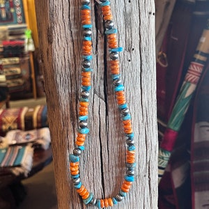 Sterling, silver turquoise in spiny oyster beaded necklace