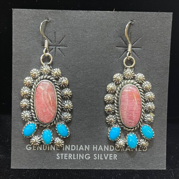 Native American Navajo handmade sterling silver turquoise/ Rhodochrosite earrings