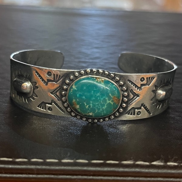 Vintage Native American, Navajo handmade, sterling, silver turquoise cuff bracelet by Fred Harvey