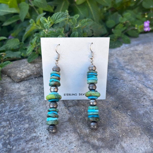 Native American Navajo handmade sterling silver turquoise dangle earrings