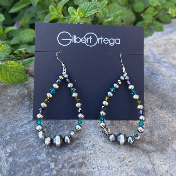 Native American Navajo handmade multicolored crystals hoop earrings