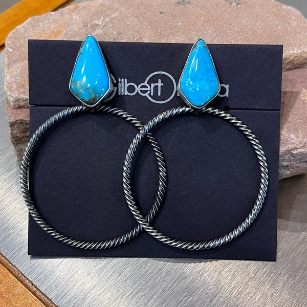 Native American Navajo handmade sterling silver turquoise hoop earrings