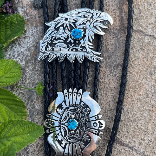 Richard Singer : Native American Navajo handmade sterling silver turquoise eagle bolo tie