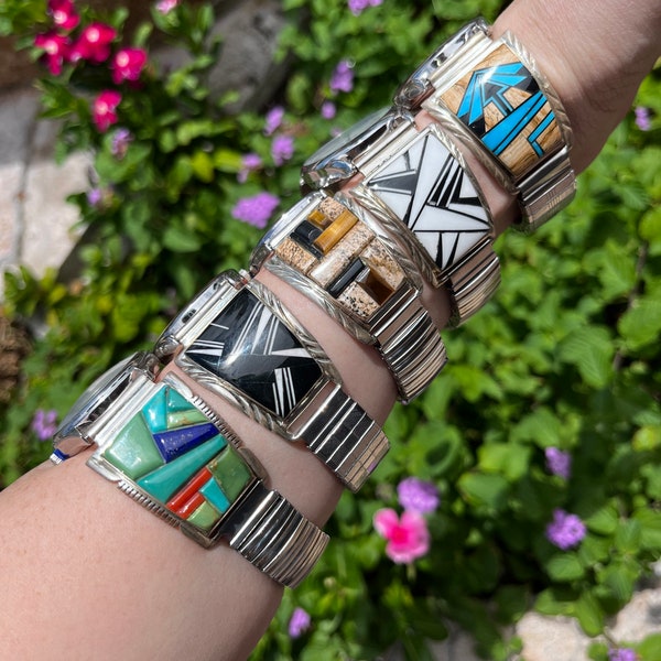 Native American Navajo handmade sterling silver multicolored inlay Unisex watches