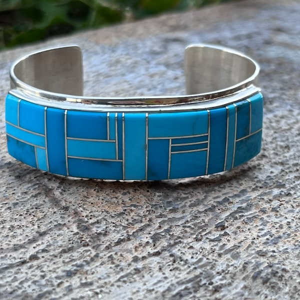 Native American Navajo handmade sterling silver sleeping beauty turquoise inlay cuff bracelet