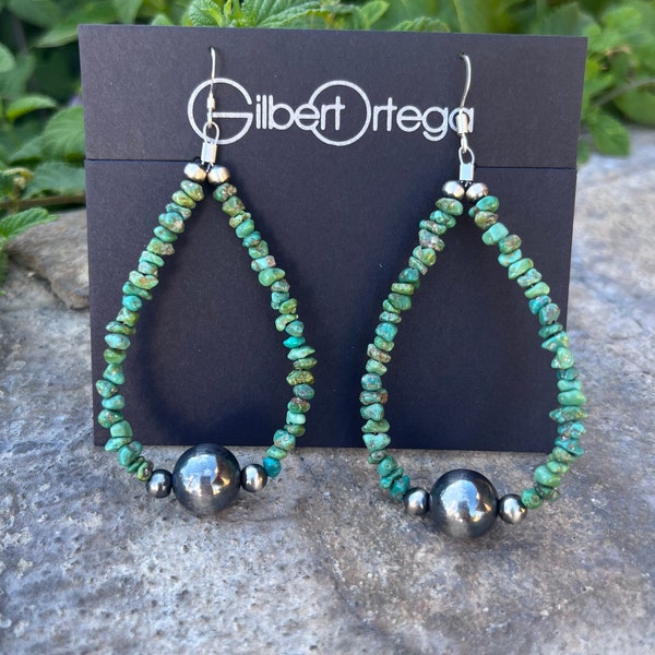 Native American Navajo handmade sterling silver turquoise hoop earrings