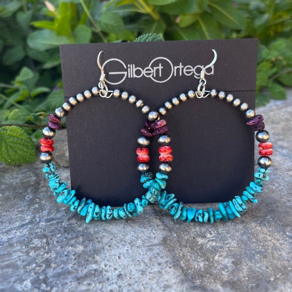 Native American have a whole handmade sterling silver turquoise Spiny oyster shell hoop earrings