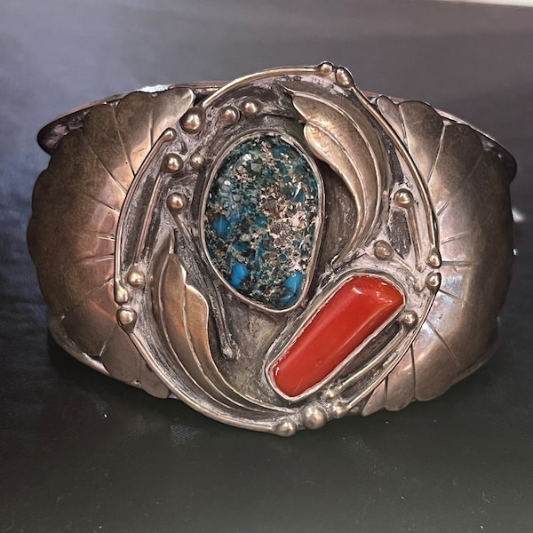 Vintage Native American, Navajo, handmade, sterling, silver turquoise, Mediterranean coral cuff bracelet