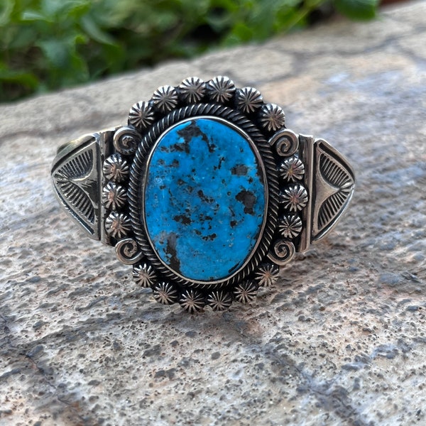 Native American Navajo handmade sterling silver turquoise adjustable cuff bracelet