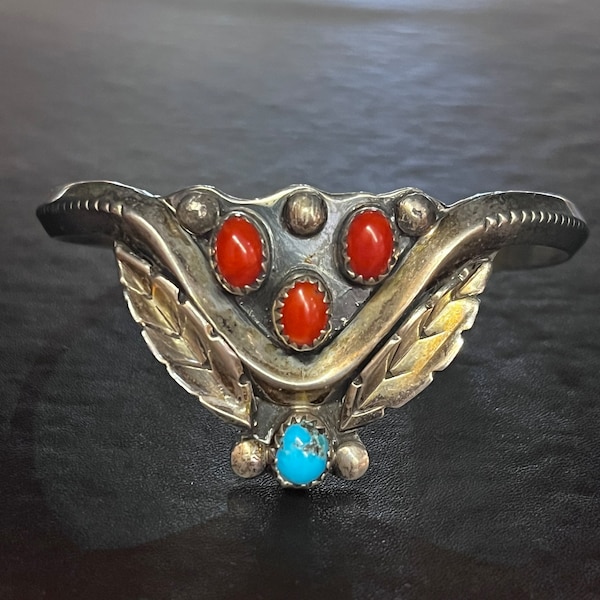 Vintage Native American, Navajo, handmade, sterling, silver turquoise, Mediterranean coral cuff bracelet