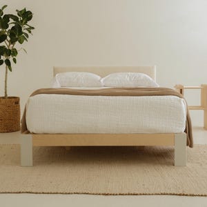 The Stockholm – Solid Birch Platform Bed Frame with Upholstered Headboard, Modern Wood Bed, Minimalist Design