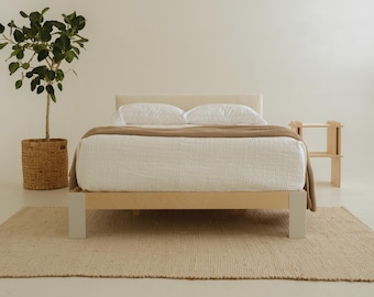 The Stockholm – Solid Birch Platform Bed Frame with Upholstered Headboard, Modern Wood Bed, Minimalist Design