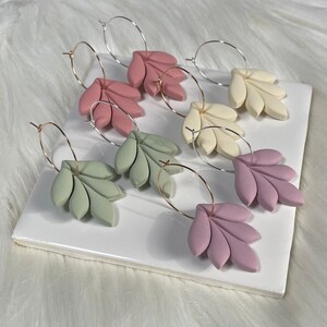 Mauve Pink, Ivory, Sage Green, Lavender Polymer Clay Leaf Gold and Silver Hoop Earrings