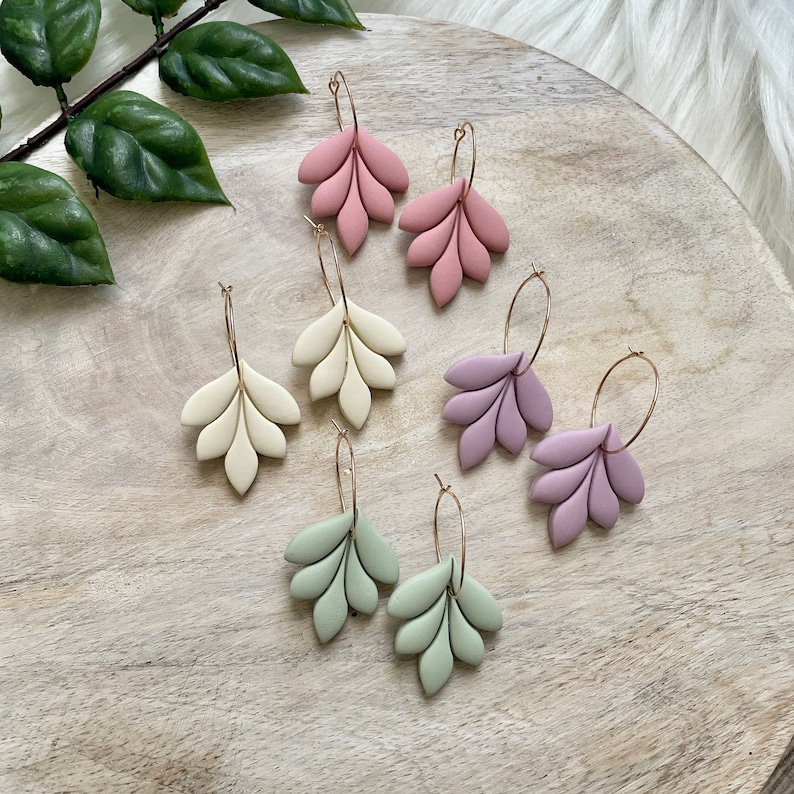 Mauve Pink, Ivory, Sage Green, Lavender Polymer Clay Leaf Gold Hoop Earrings