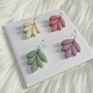 Mauve Pink, Ivory, Sage Green, Lavender Polymer Clay Leaf Silver Hoop Earrings