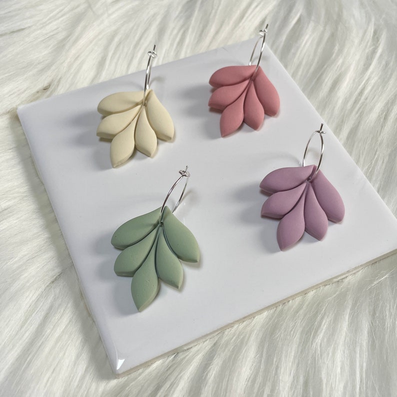 Mauve Pink, Ivory, Sage Green, Lavender Polymer Clay Leaf Silver Hoop Earrings