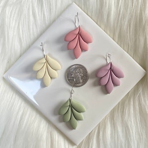 Mauve Pink, Ivory, Sage Green, Lavender Polymer Clay Leaf Gold Hoop Earrings