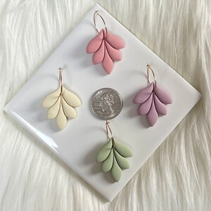 Mauve Pink, Ivory, Sage Green, Lavender Polymer Clay Leaf Gold Hoop Earrings